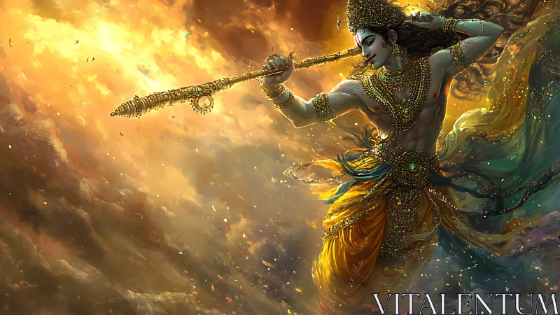 Divine warrior deity with jeweled spear amid luminous storm