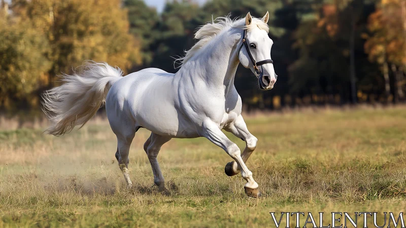 Photorealistic white stallion in dynamic autumn field study.