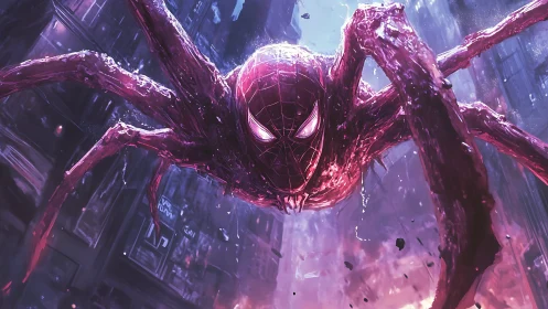 Bioluminescent arachnid entity descends through neon city canyon