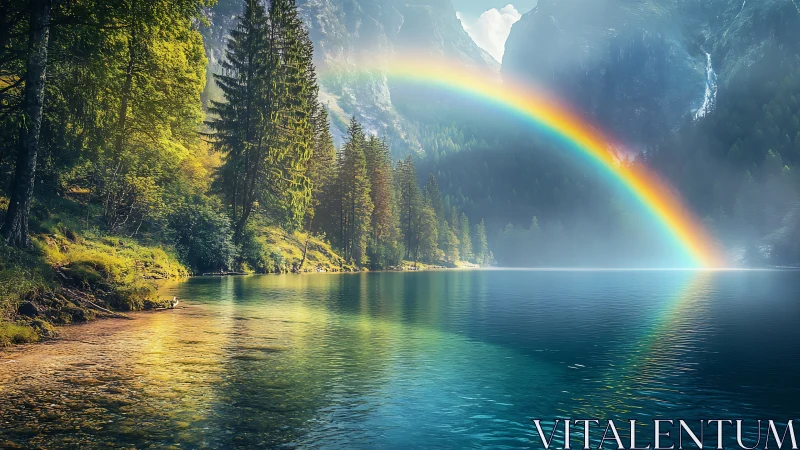 Gentle rainbow arches over a tranquil forest mountain lake