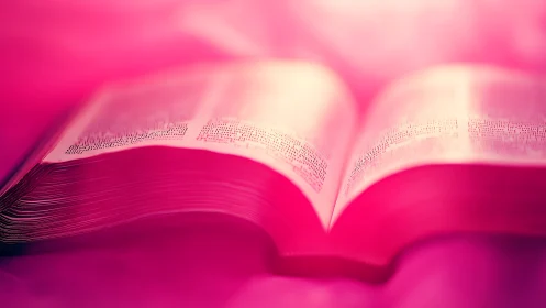 Open pink-toned book glows under soft diffused light.