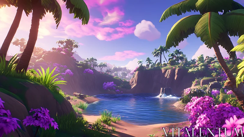 Digital landscape with tropical lagoon and composite natural elements rendered.