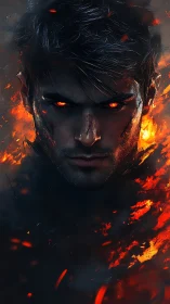 Male fire-empowered antihero portrait with incandescent ocular glow