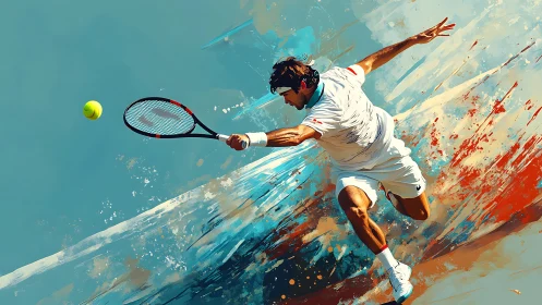 Dynamic tennis leap bursting through bold painted motion.