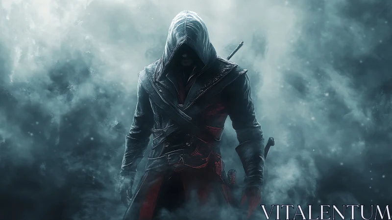 Hooded figure in leather coat within dense atmospheric fog.
