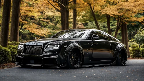 Midnight luxury coupe prowls a golden autumn avenue.