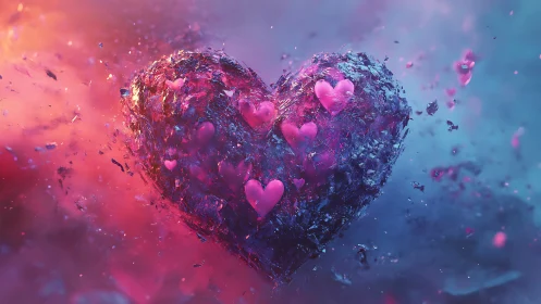 Luminous Heart Form: Iridescent 3D Sculpture with Dynamic Particle Dispersion.