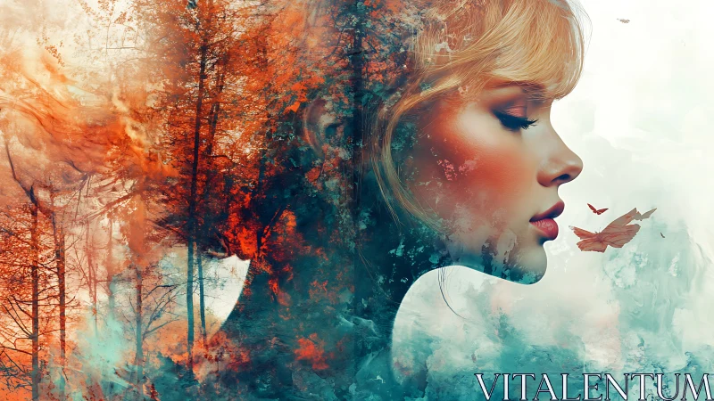 Profile of woman merged with abstract forest landscape.