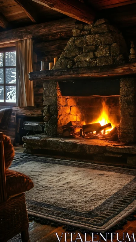 Rustic log cabin fireplace with active fire and stone chimney.