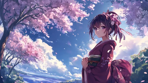 Girl in kimono under cherry blossoms by the sea.