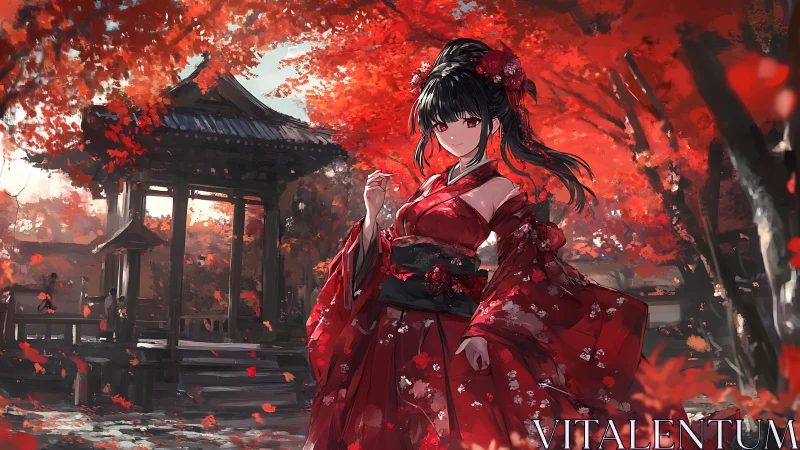 Autumn shrine courtyard with kimono girl in scarlet foliage