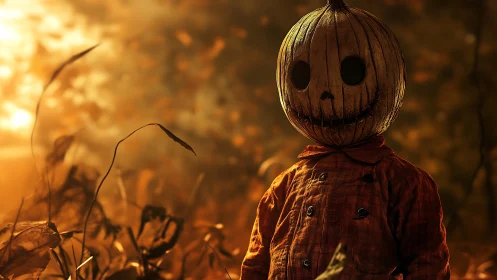 Pumpkin-headed child in shallow-depth autumn field under warm backlight