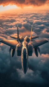 Stealth fighter jet cuts through sunset storm clouds