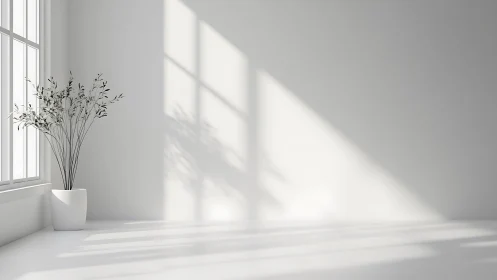 White minimalist room with potted plant and window light.