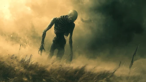 Curious dusk wanderer emerging from a glowing misty field.