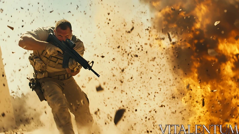 Elite soldier charging forward through desert explosion.
