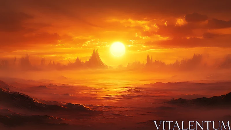 Sun dominates stratified orange sky above distant rocky ridges