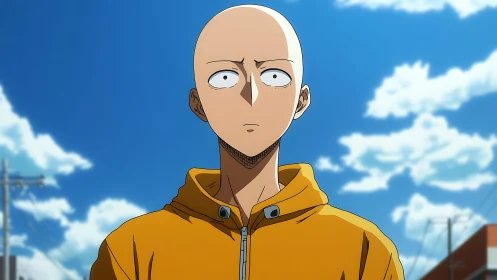 Bald anime protagonist in yellow hoodie under high contrast sky