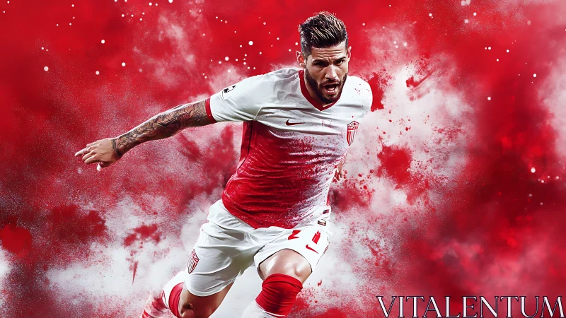 Dynamic footballer sprinting in red and white smoke art