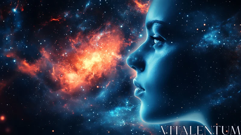 Cosmic human profile merged with vivid nebula field.