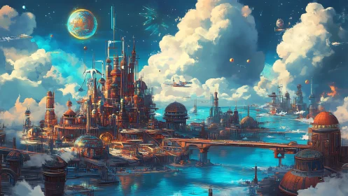 Futuristic ocean city glows beneath towering celestial skies.