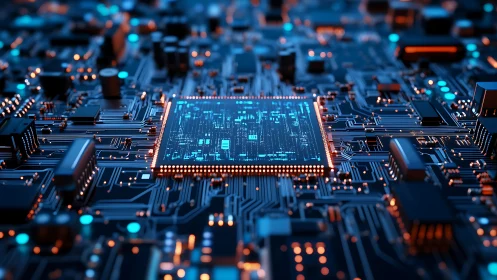 Neon-lit microprocessor core on dense digital circuit board.