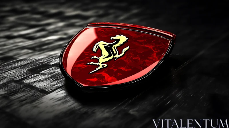 Glossy red shield emblem rests on dark reflective surface