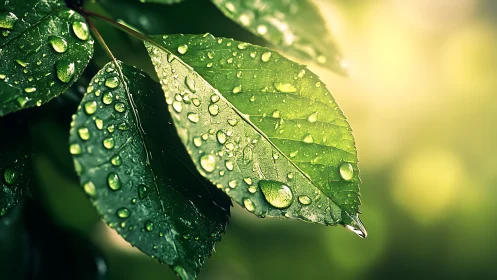 Dew-covered green leaves catch sunrise bokeh light glow.
