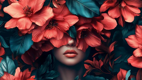 Crimson Bloom Reverie: Portrait Drowned in Scarlet Petals.