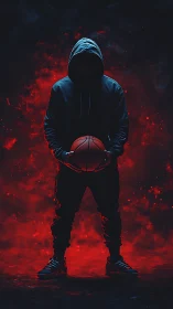 Silhouetted basketball player in hooded apparel within red volumetric haze