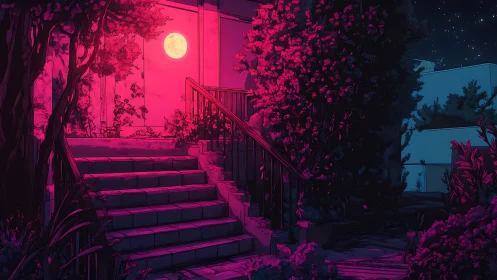 Moonlit garden staircase hums softly in neon magenta hush