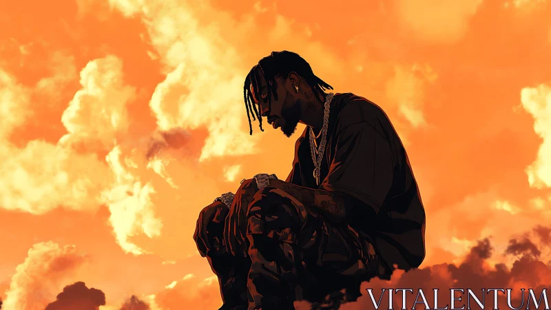 Silhouetted rapper in contemplative pose against blazing sky.