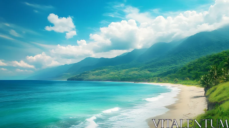 Sunlit tropical bay curves beneath emerald mountain ranges
