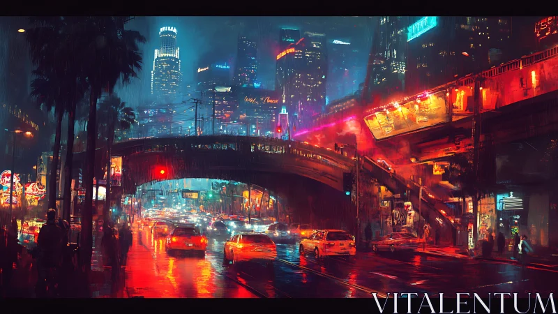 Rainy neon city intersection shows dense traffic and bridges