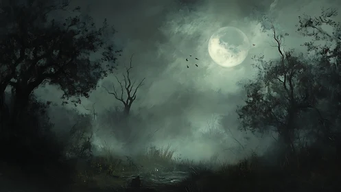 Moon-drenched haunted marsh under whispering shadow trees.