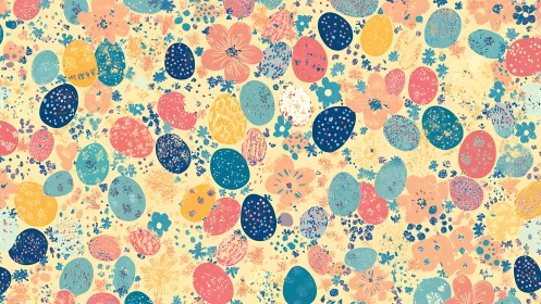 Playful pastel Easter eggs scatter across floral pattern.