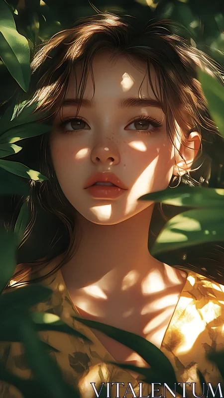Soft sunlight brushes a serene girl framed by lush leaves