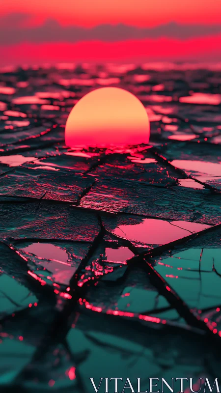 Neon pink sun over cracked reflective surface at dusk.