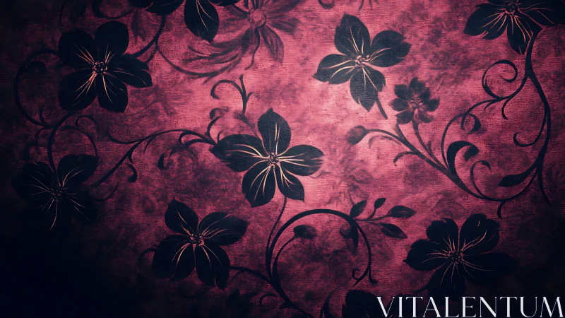 Dark Floral Pattern with Golden Stamens on Magenta Background.