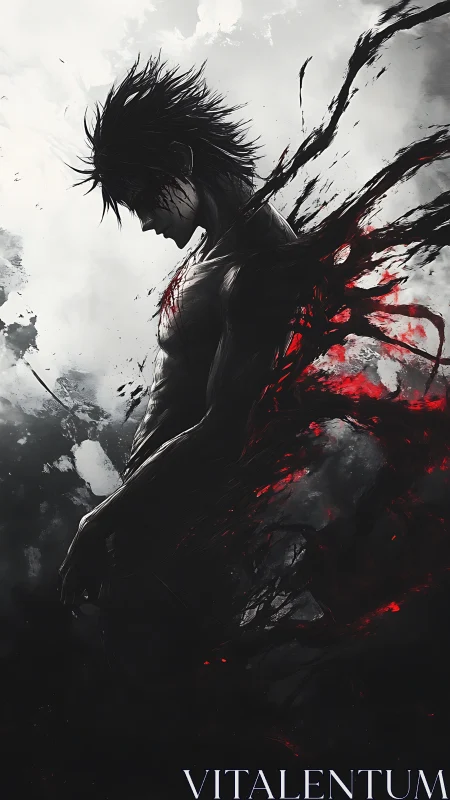 Silhouetted warrior with tendril-like red energy eruption