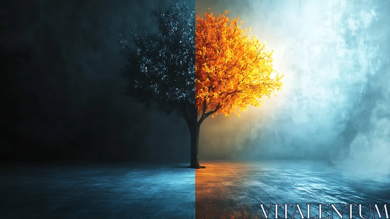 Tree divides blue shadowed side from bright orange side