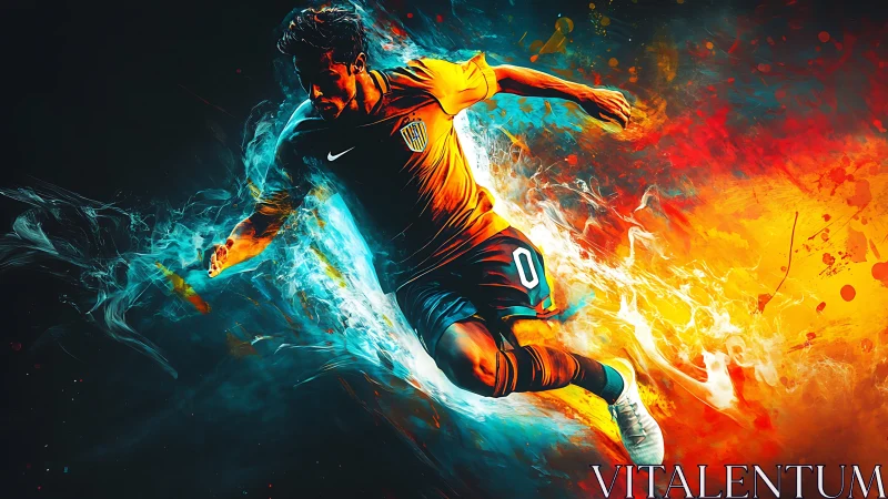 Dynamic soccer striker bursts through swirling neon flames.