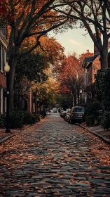 Cobblestone street extends between brick houses under trees