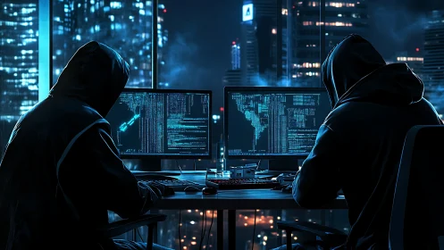 Hooded hackers write malicious code in neon lit city office