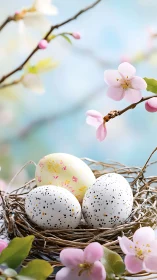 Speckled springtime eggs whisper softly from a blossom nest