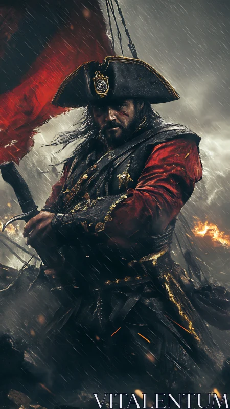Storm-forged pirate captain stands fearless in roaring chaos
