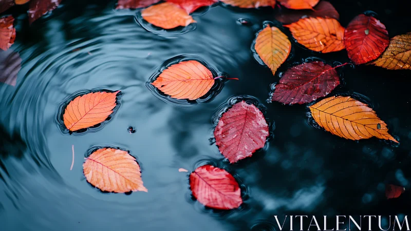 Floating autumn leaves in rippling dark water surface.