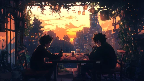 Sunset sketchers trading secrets above the glowing city.