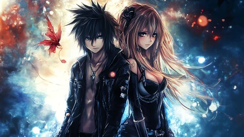 Dark anime duo stand in neon cosmic light storm