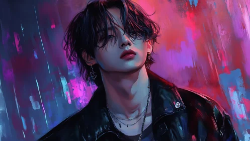 Androgynous cyberpunk portrait under neon city glow.